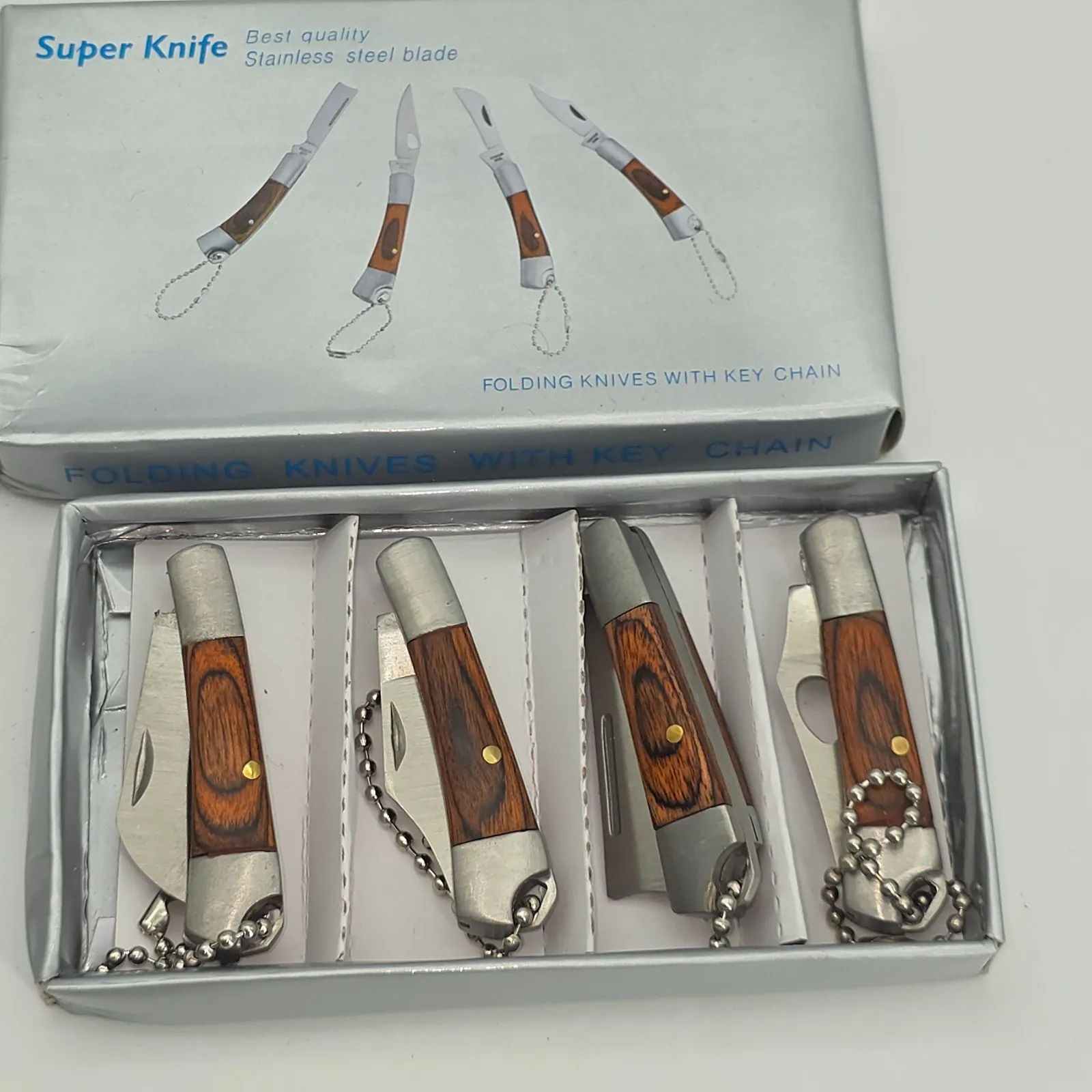 KAAN* | Mini Messer Set 4'er Taschenmesser | Schlaufe Kette Holzgriff  5-9 cm - Rückansicht