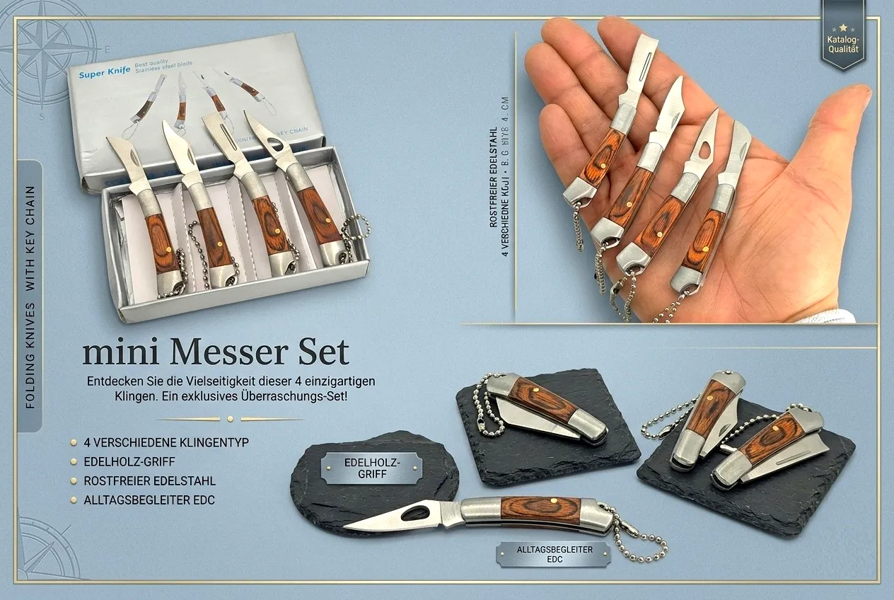 KAAN* | Mini Messer Set 4'er Taschenmesser | Schlaufe Kette Holzgriff  5-9 cm