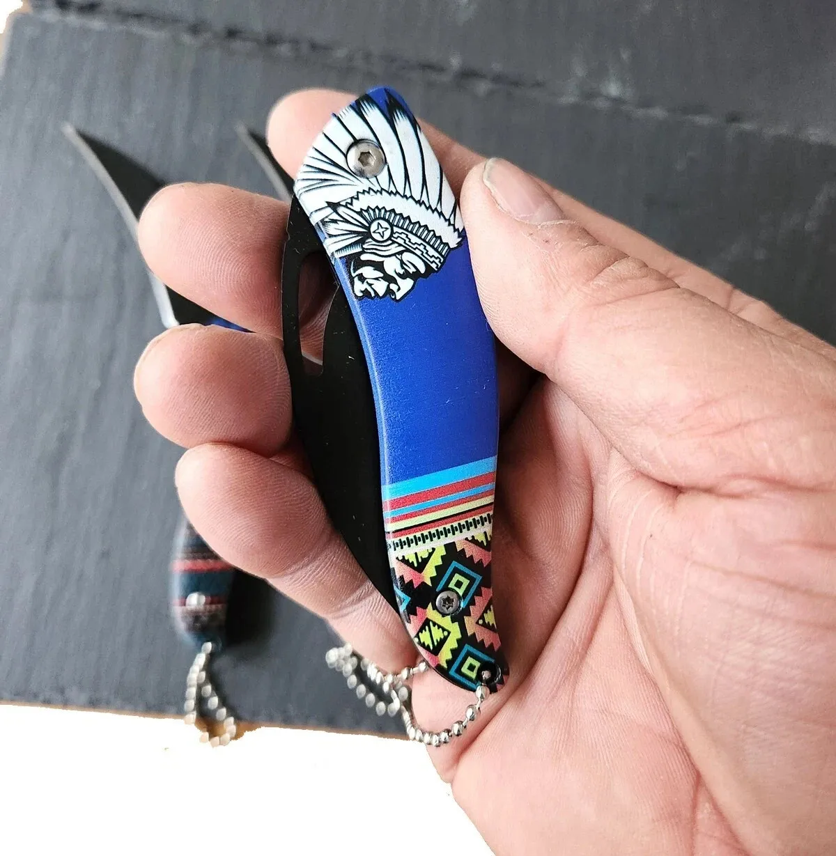KAAN* |Mini Taschenmesser | Indiana Motiv Griff +Schlaufe | 10-15cm 4 Messer Set - Rückansicht