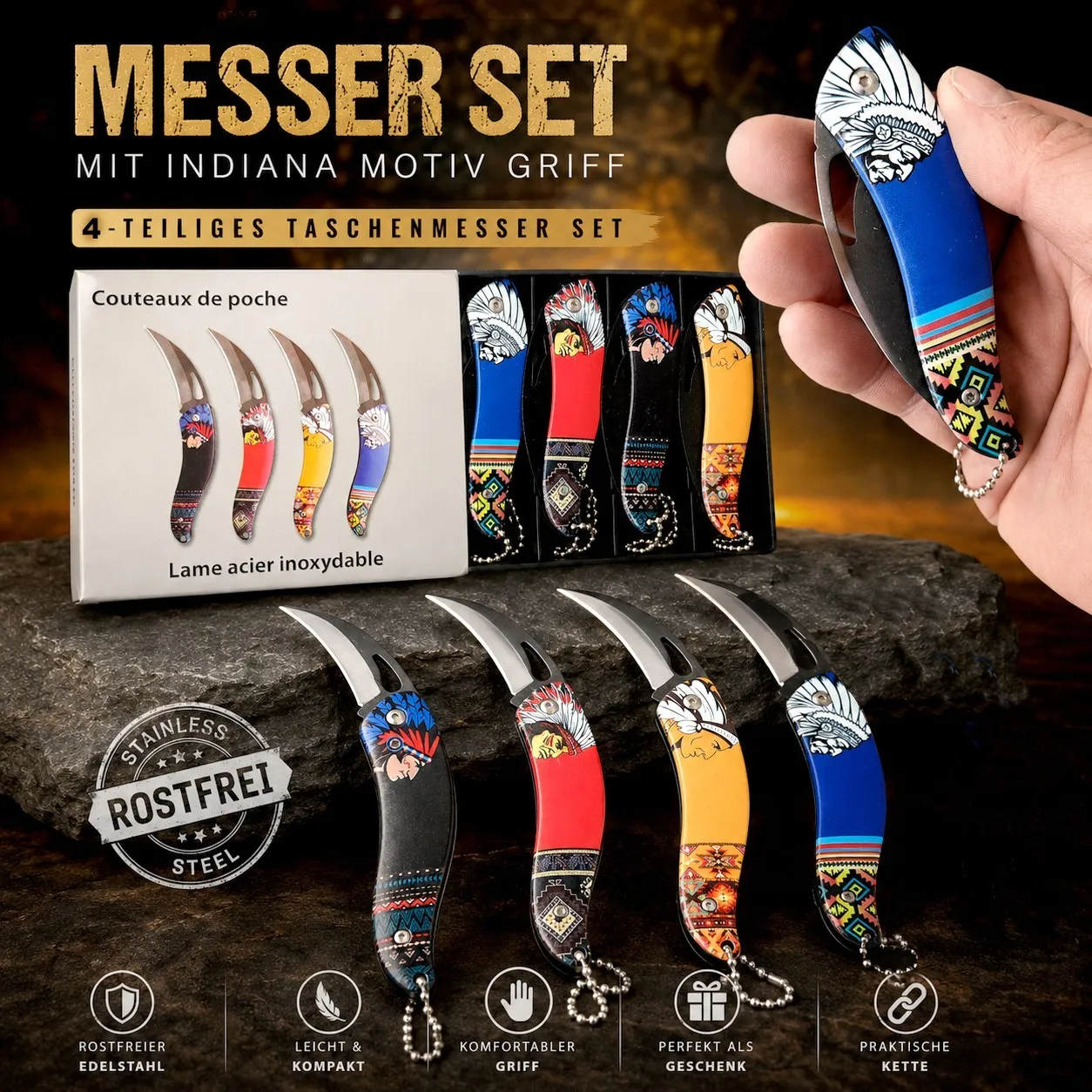 KAAN* |Mini Taschenmesser | Indiana Motiv Griff +Schlaufe | 10-15cm 4 Messer Set